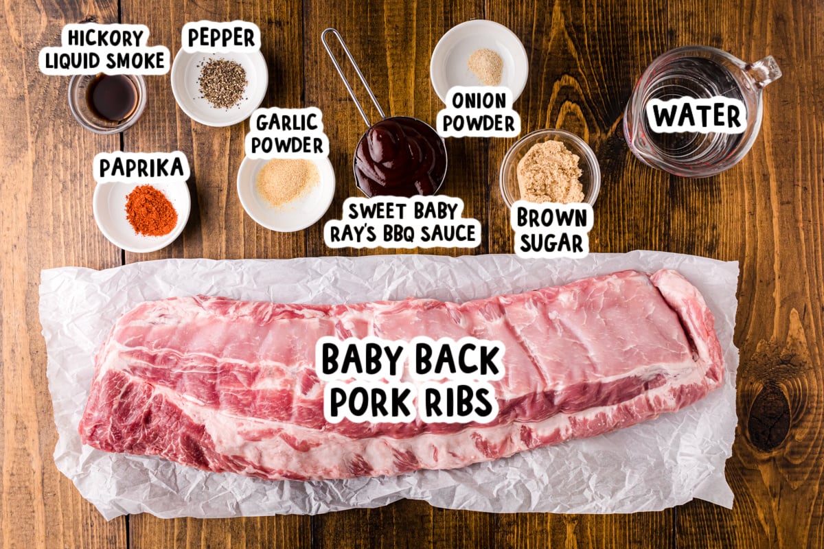 Ingredients for slow cooker baby back ribs on a table.