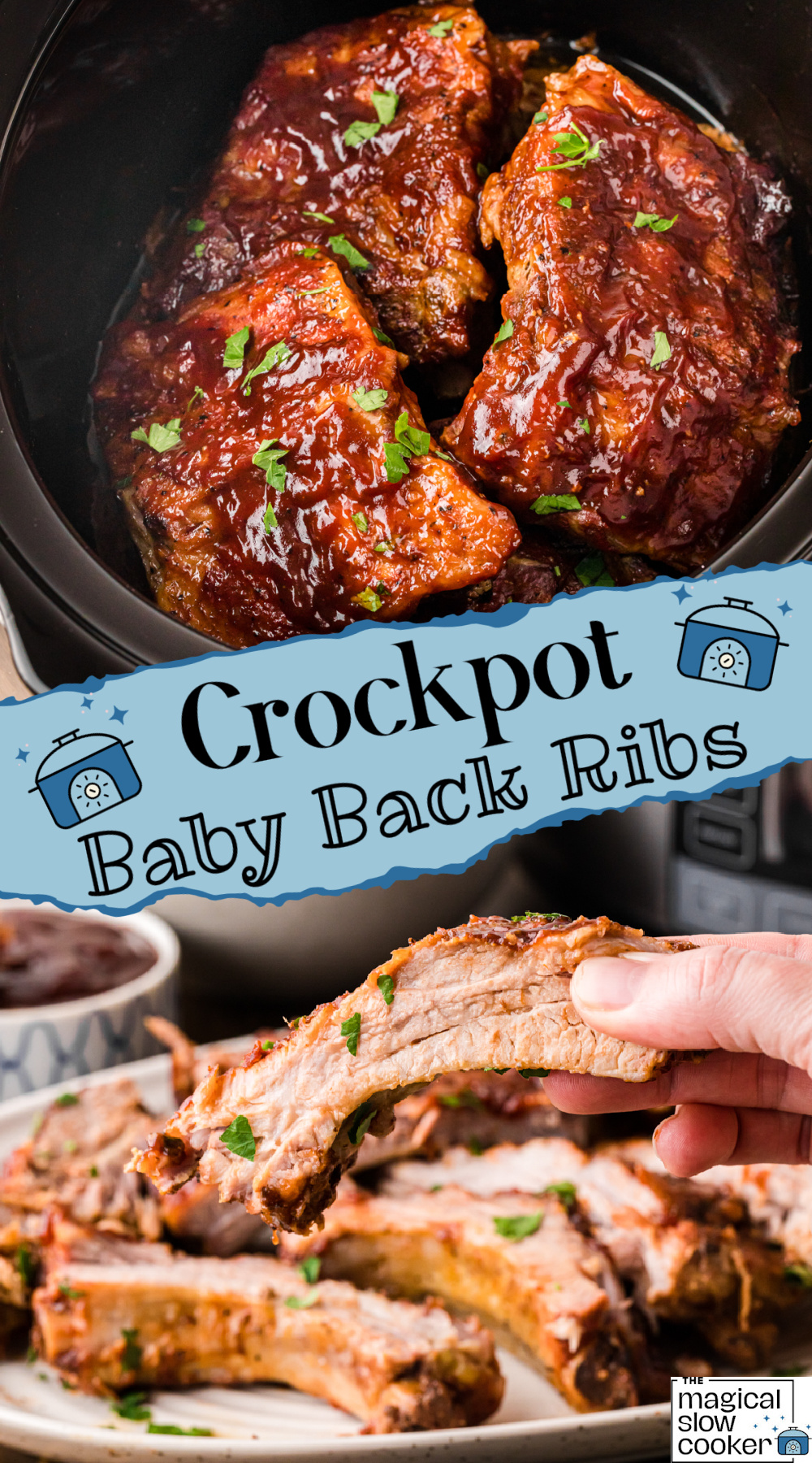 Two images of slow cooker baby back ribs with title text overlay.