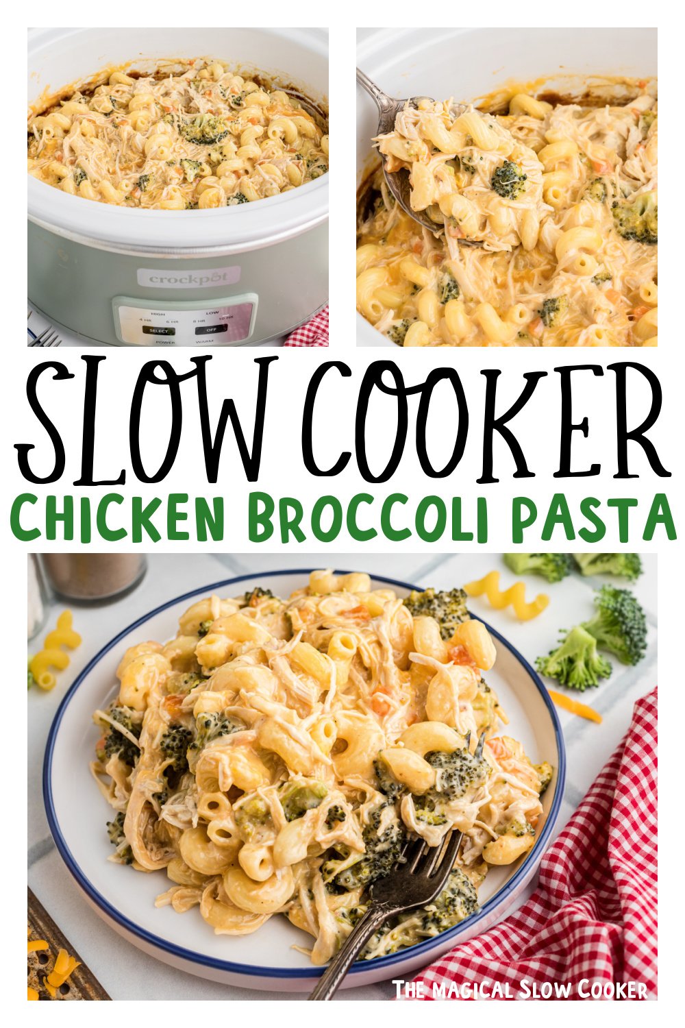 Three images of slow cooker chicken broccoli pasta for pinterest.