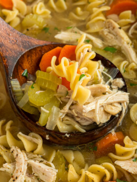A spoon scooping out some slow cooker chicken noodle soup.
