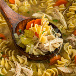 A spoon scooping out some slow cooker chicken noodle soup.