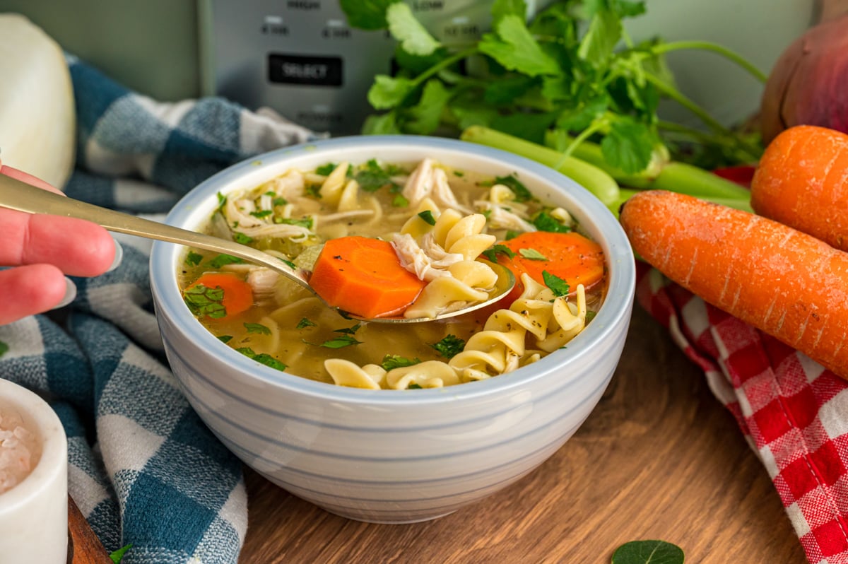 A bowl of slow cooker chicken noodle soup with a spoon.