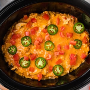 Fiesta chicken and rice casserole in a slow cooker.