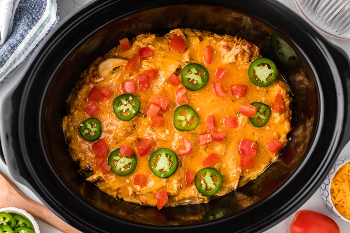 Fiesta chicken and rice casserole in a slow cooker.