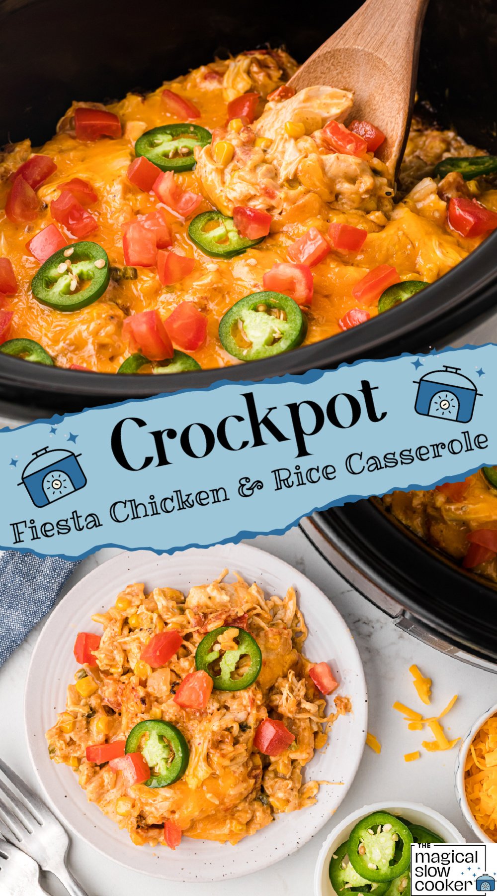 Two images of slow cooker fiesta chicken and rice casserole with title text overlay.