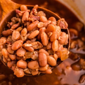 A large scoop of slow cooker pinto beans on a spoon.