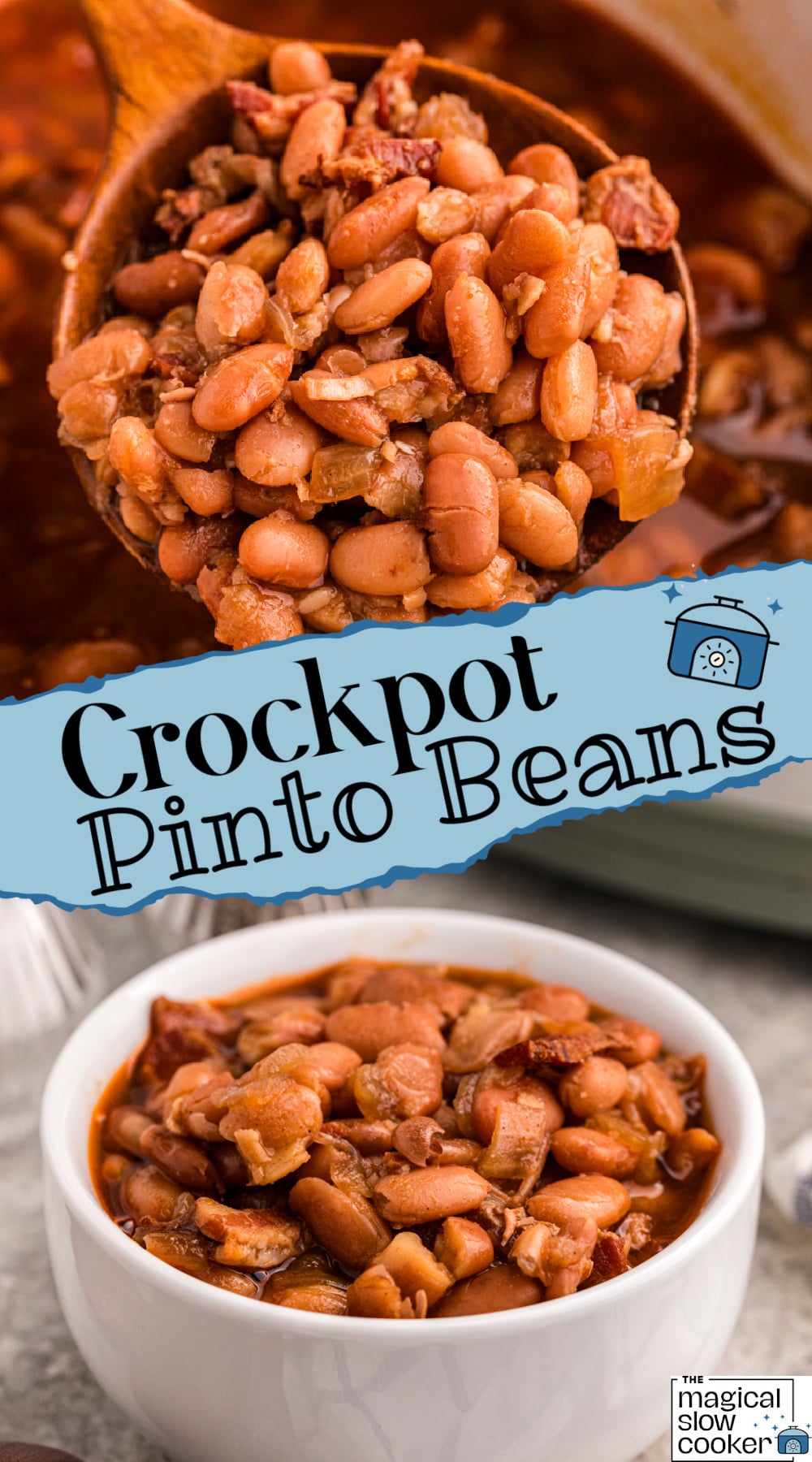 Two images of slow cooker pinto beans with title text overlay.