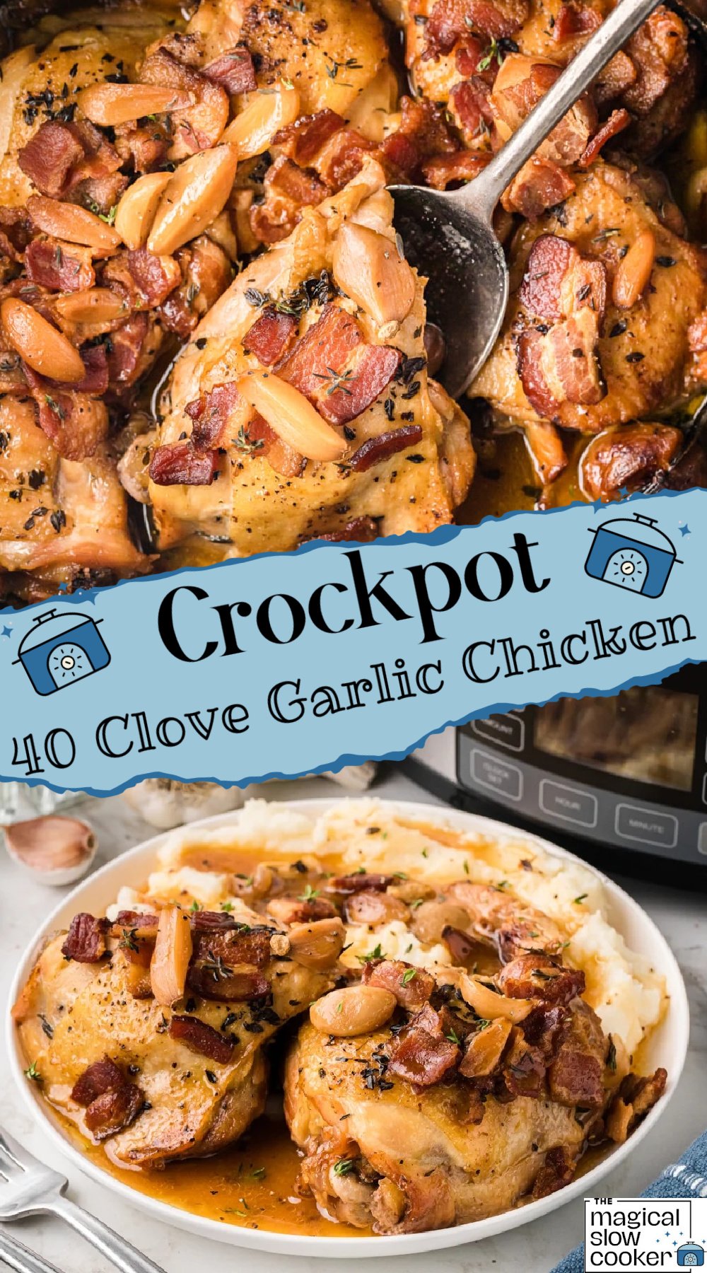 2 images of 40 clove garlic chicken.