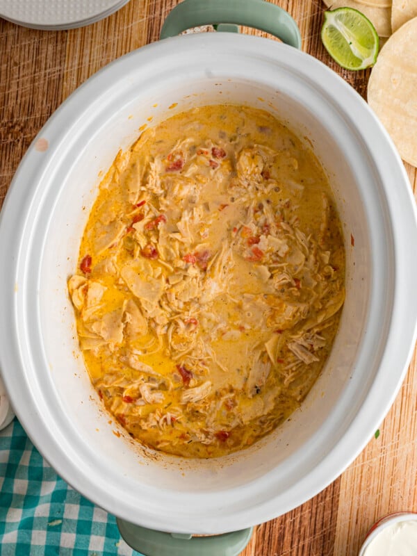 King ranch chicken casserole in a crockpot.