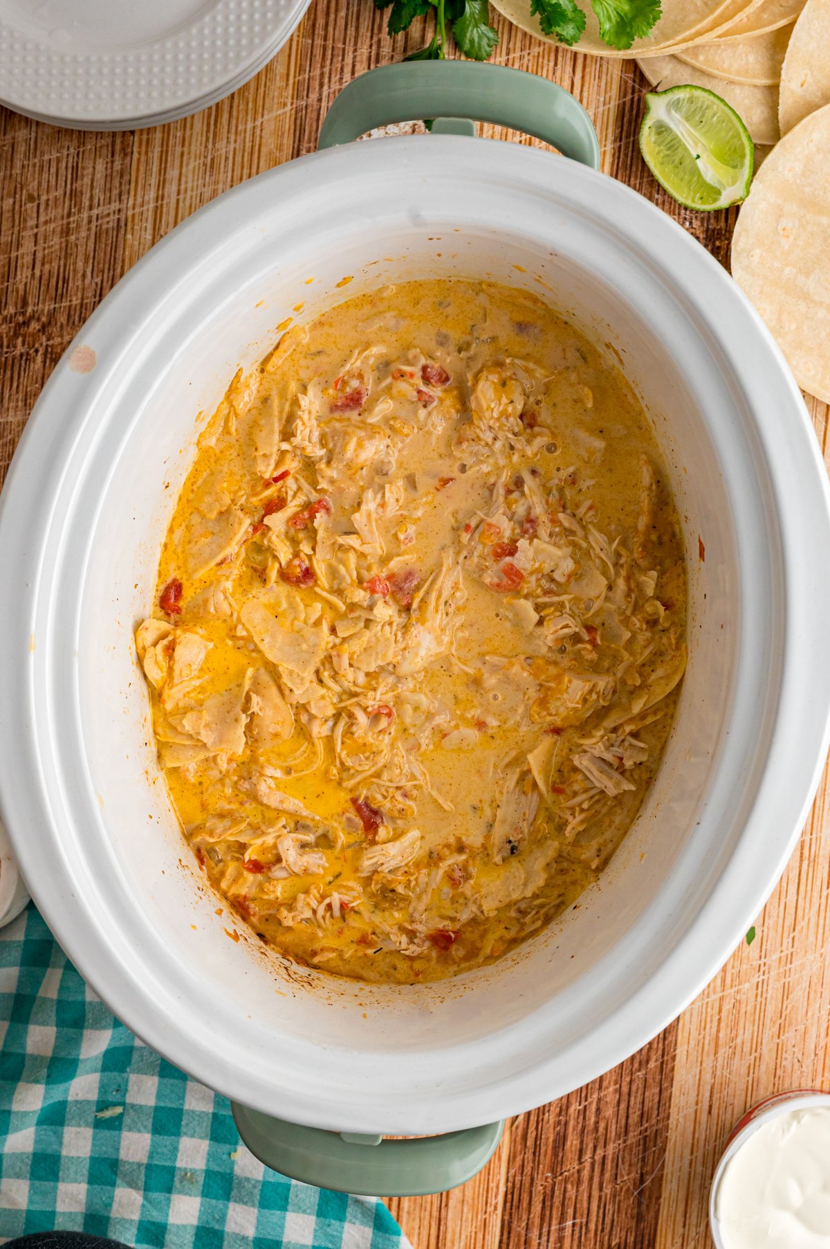 King ranch chicken casserole in a crockpot.