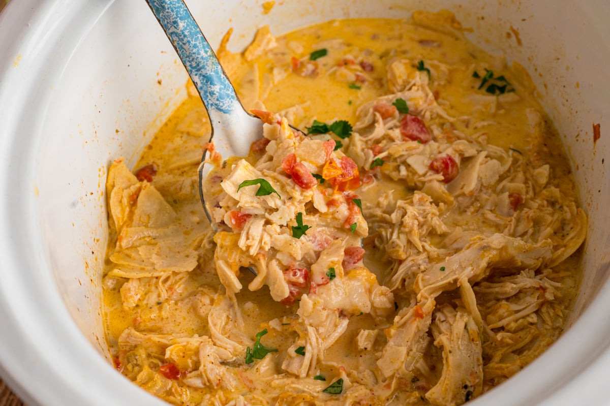 A metal spoon scooping chicken from a crockpot.