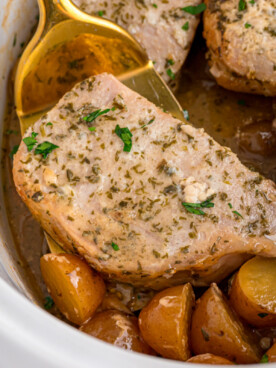 A spoon grabbing a pork chop from a slow cooker.
