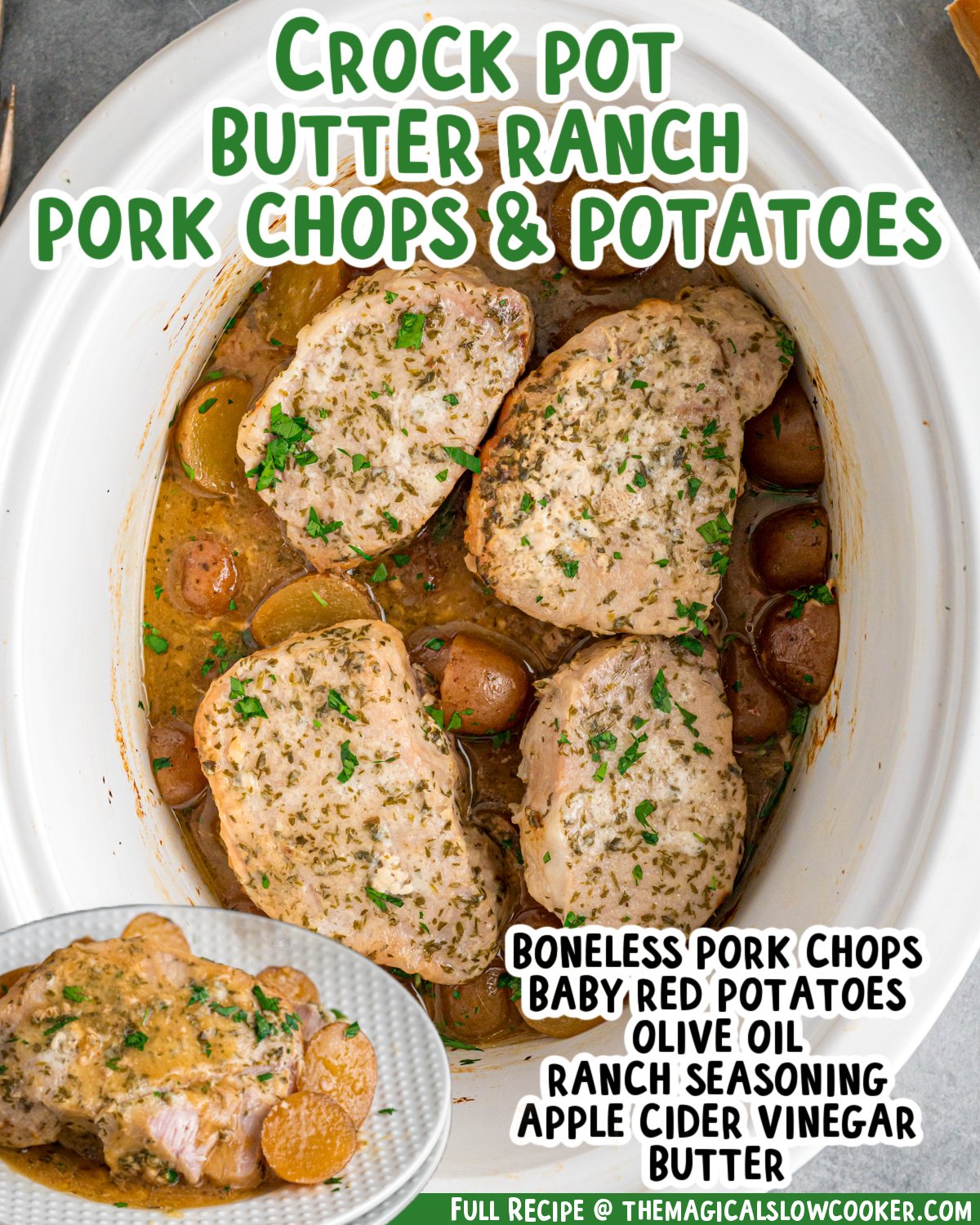 Two images of pork chops with baby potatoes with text list of ingredients.