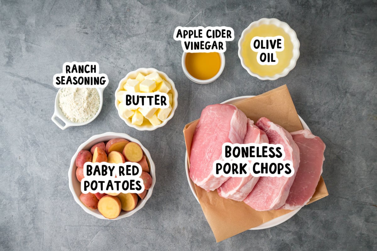 Ingredients for making butter ranch pork chops and potatoes on a table.