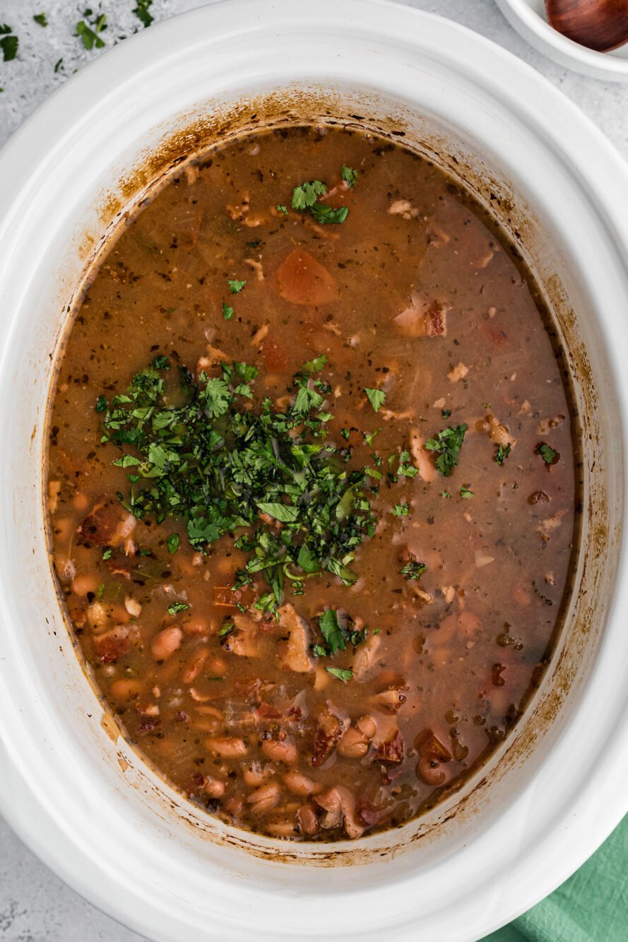 Done cooking charro beans with cilantro added.