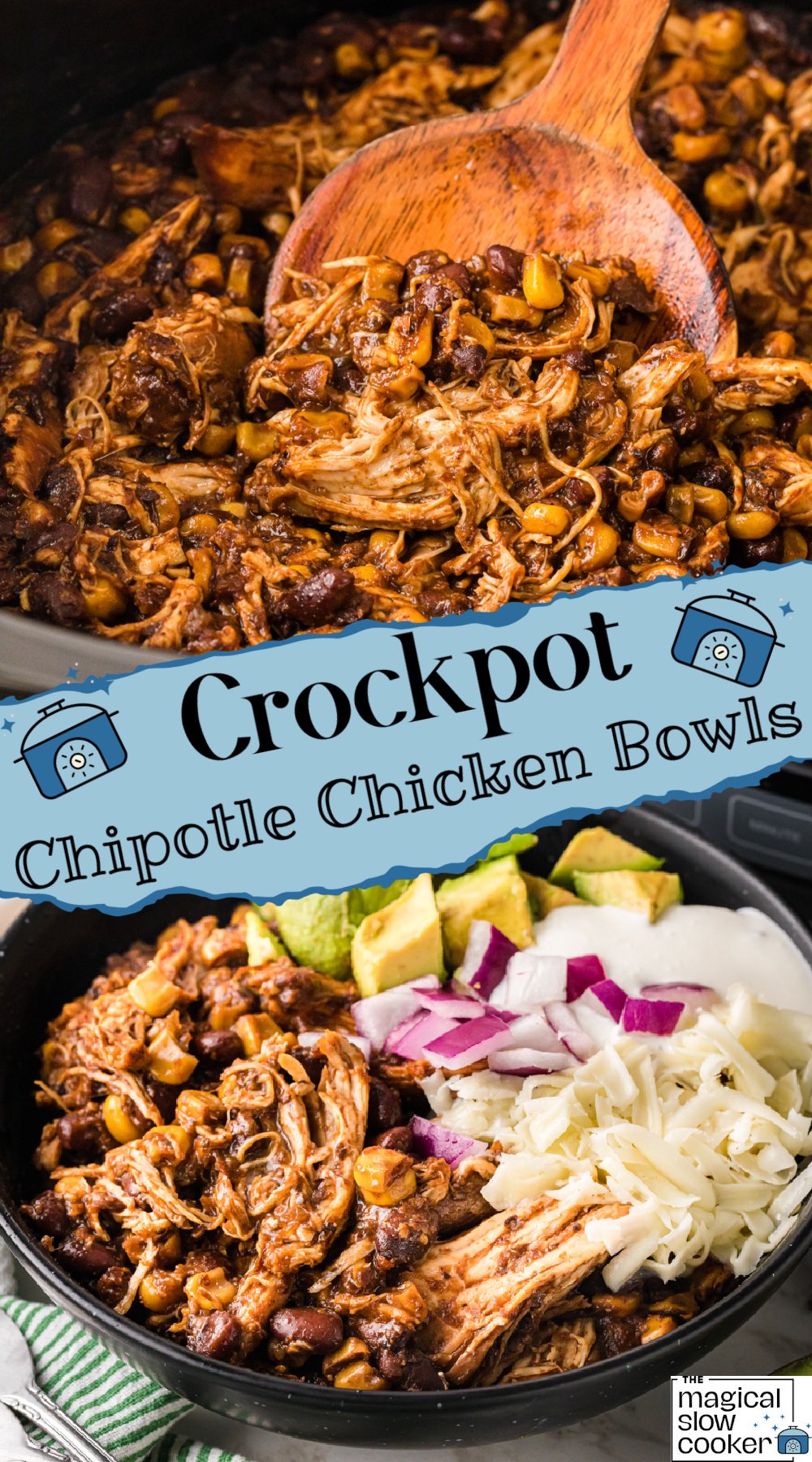 An image of chipotle chicken in a crockpot and an image of it in a bowl with text title overlay.