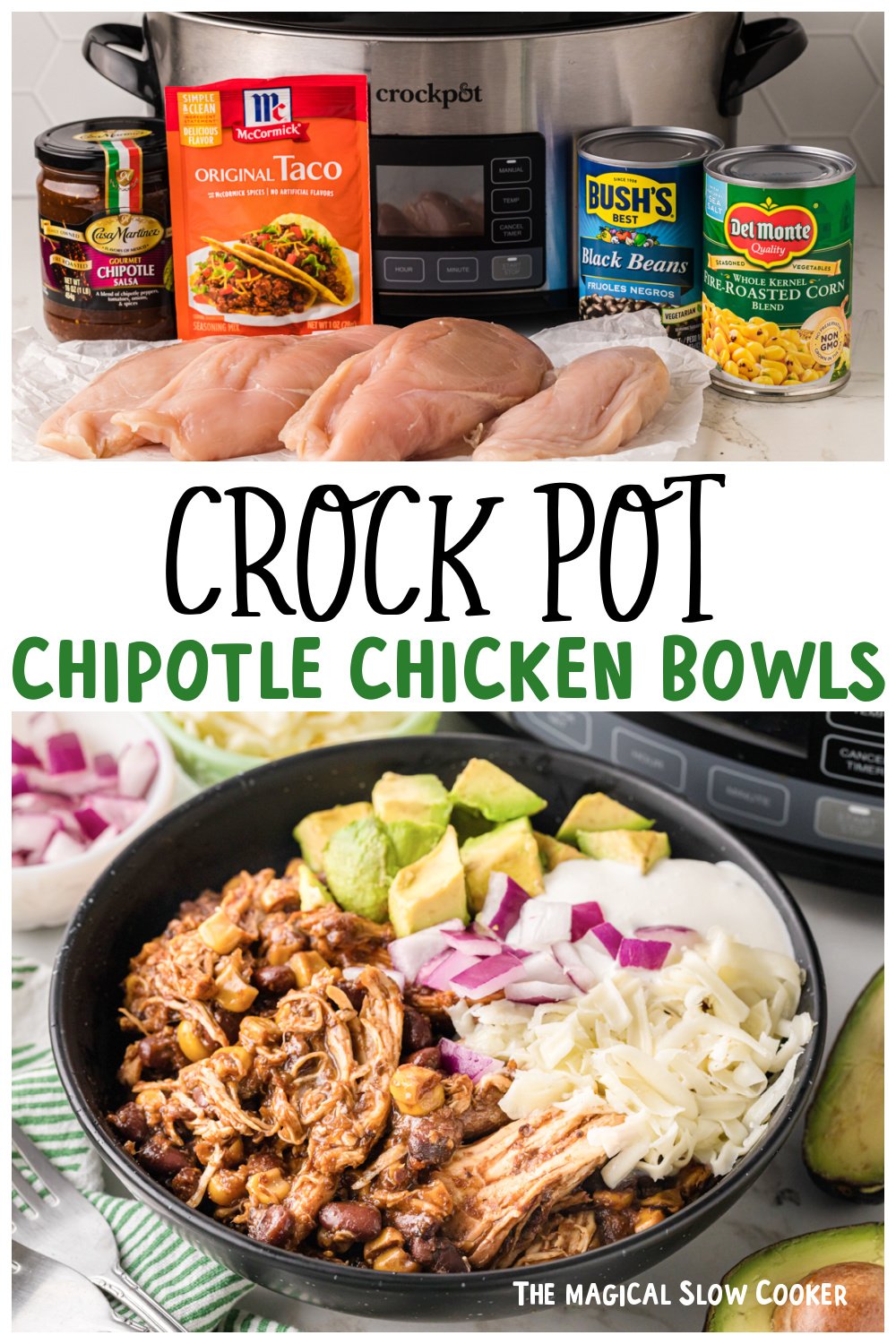 Ingredient image and plated image of chipotle chicken bowls for pinterest.