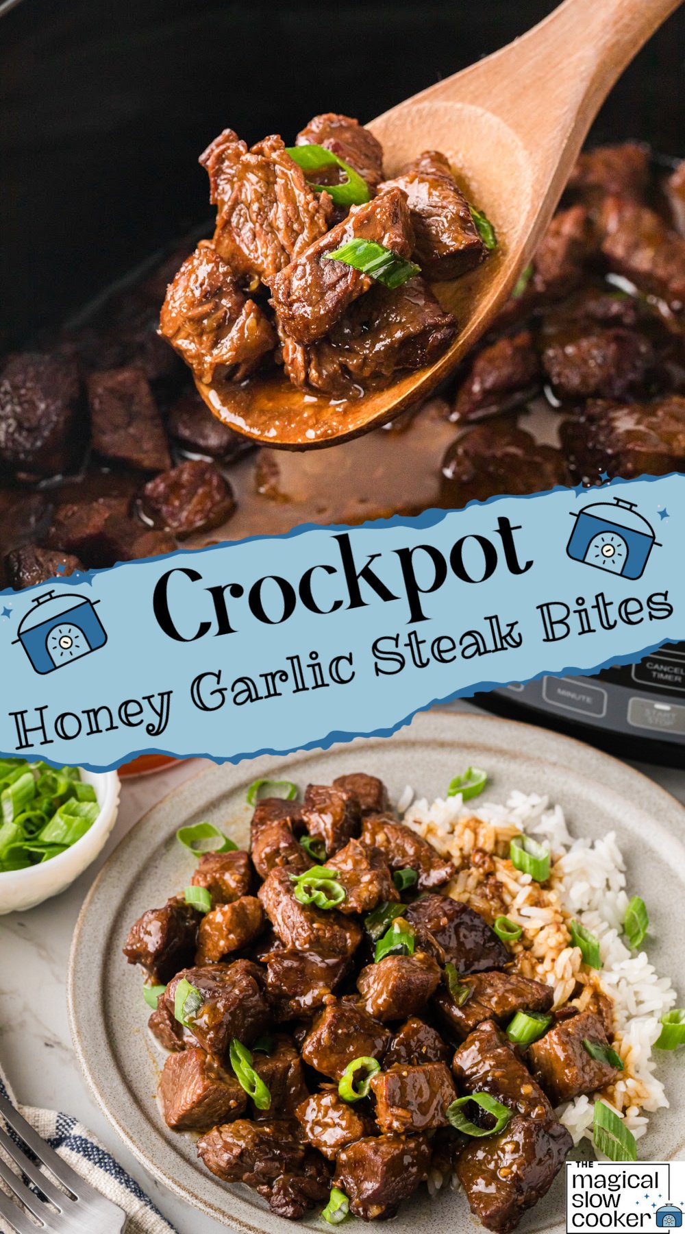 An image of a spoon holding up steak bites and an image of some on a plate with text title overlay.