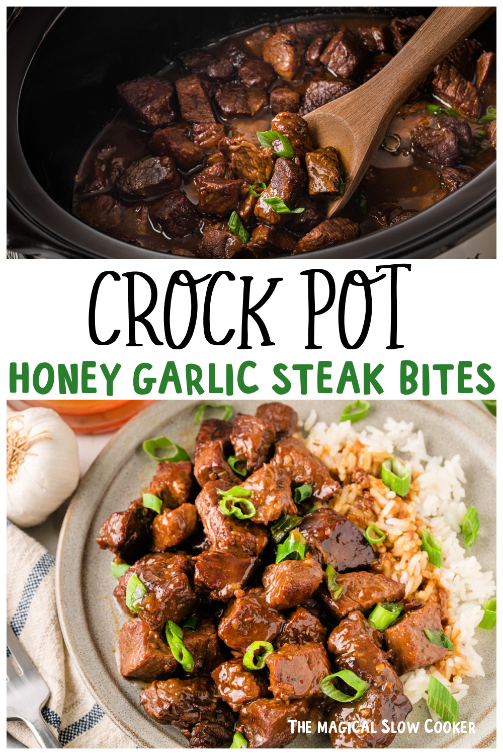 Two images of honey garlic steak bites for pinterest.