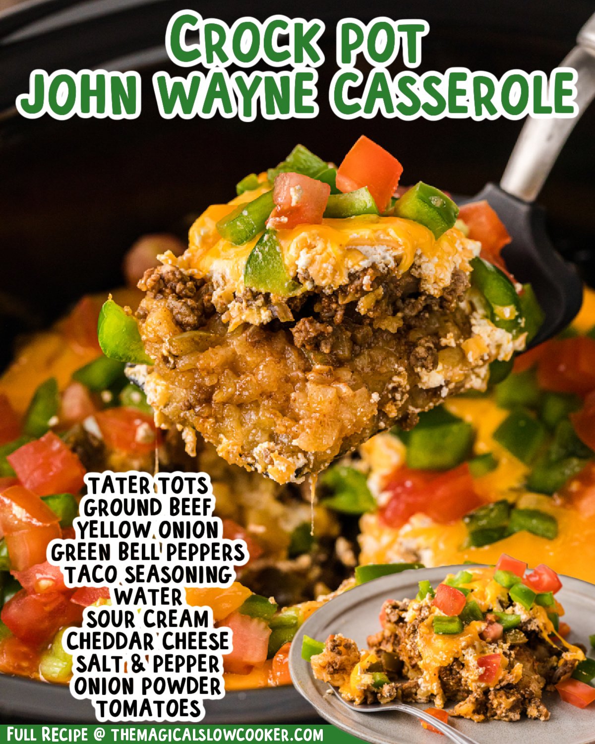 Two images of a beef and cheese casserole with text list of ingredients.