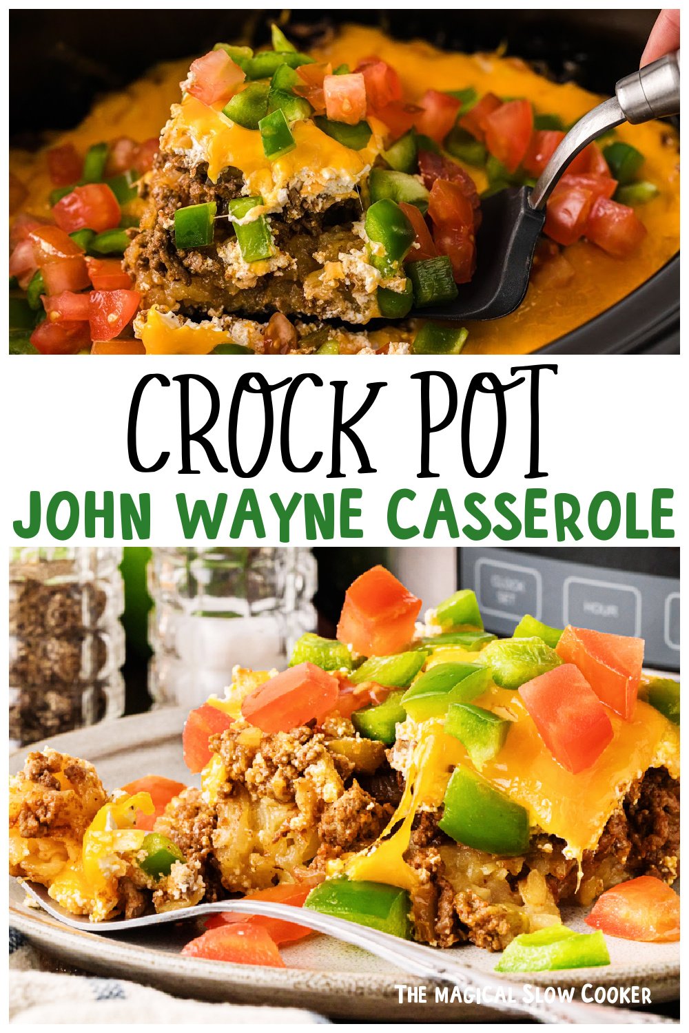 Two images of John Wayne casserole for Pinterest.