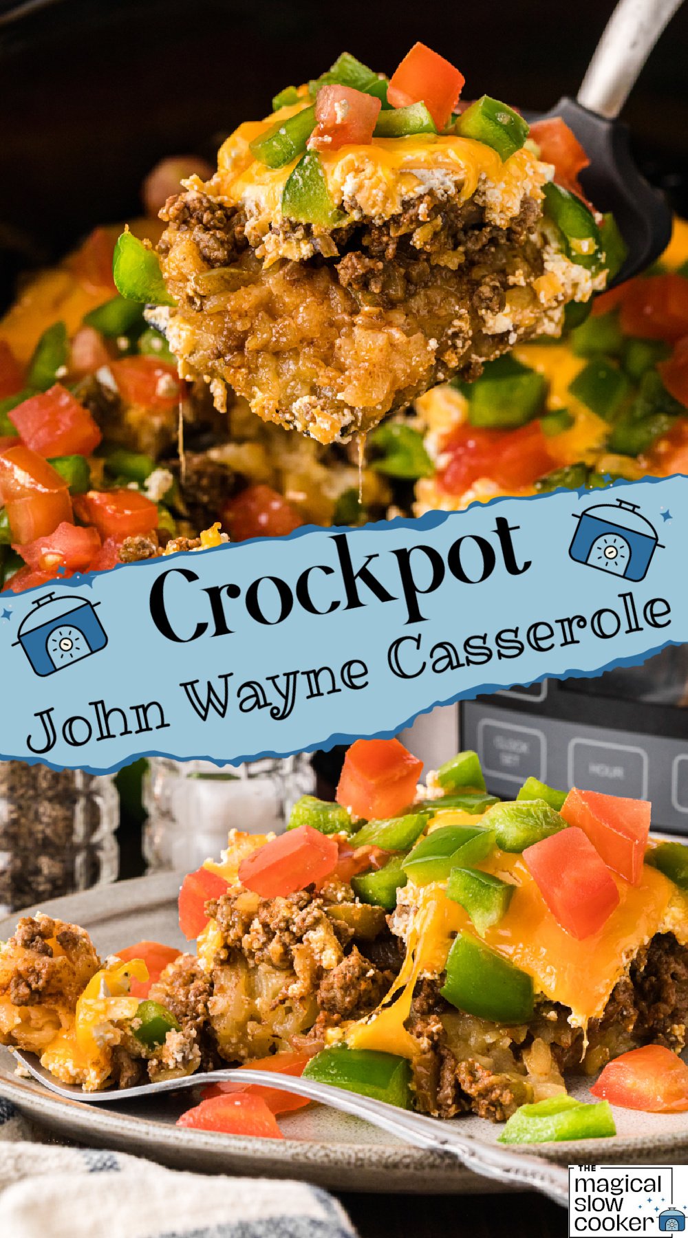 An image of a scoop of a casserole and an image of serving on a plate with text overlay.