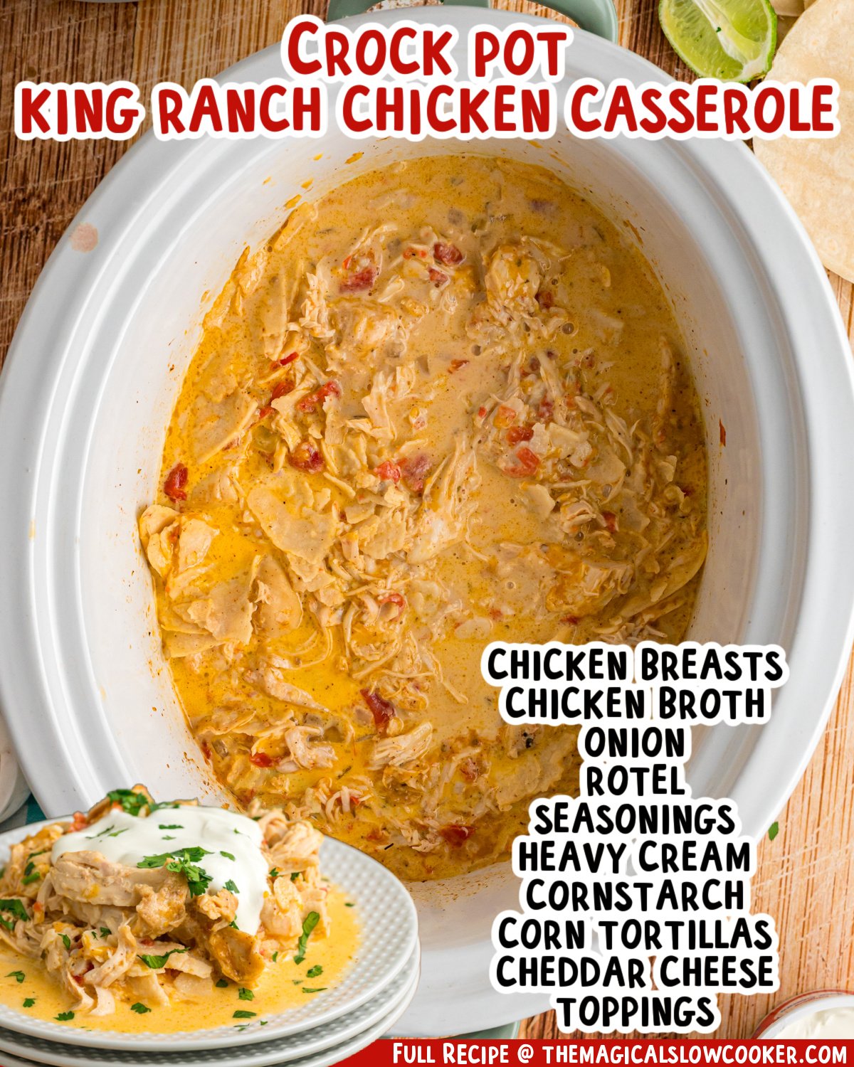 Two images showing a chicken casserole with text list of ingredients for making it.