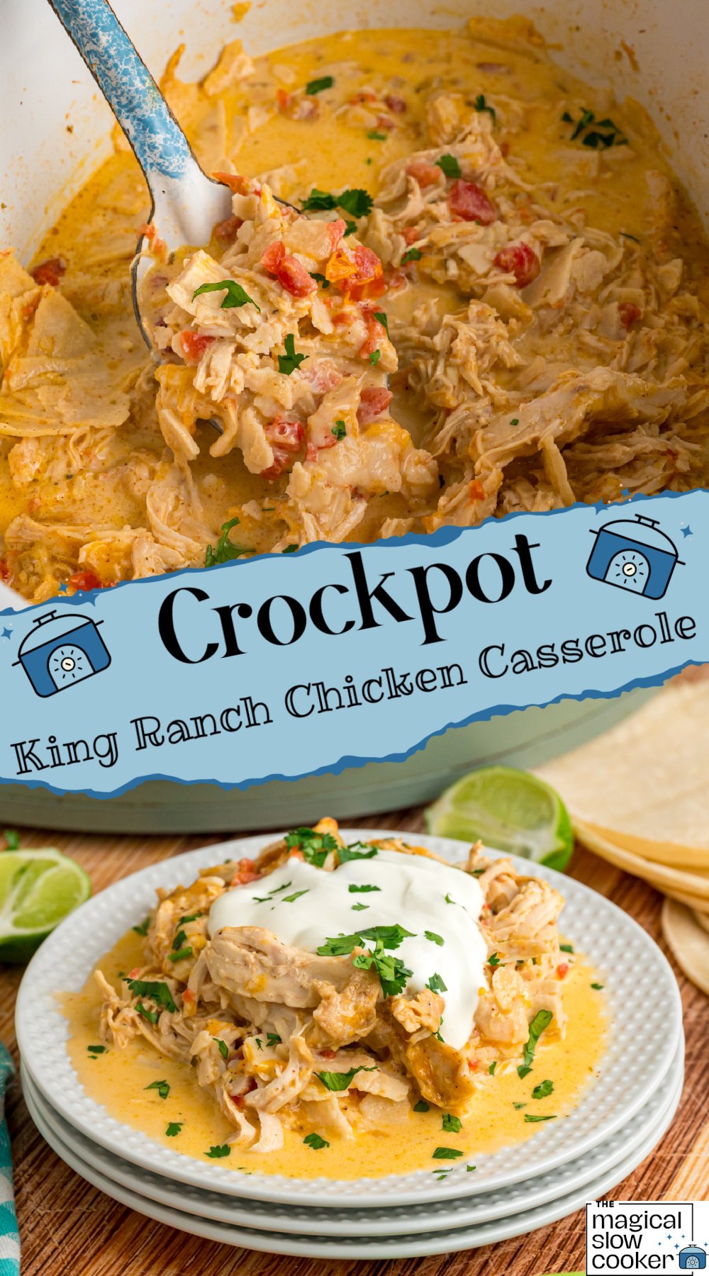 Two images of crockpot king ranch chicken casserole with title text overlay.