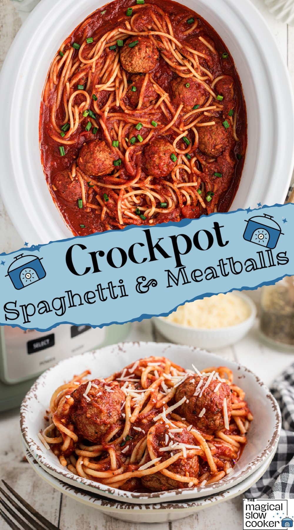 2 images of spaghetti and meatballs in a crokcpot.