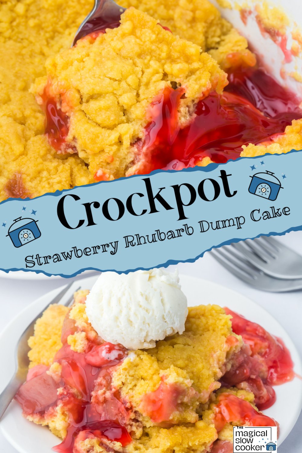 Two images of a crockpot dump cake with title text overlay.
