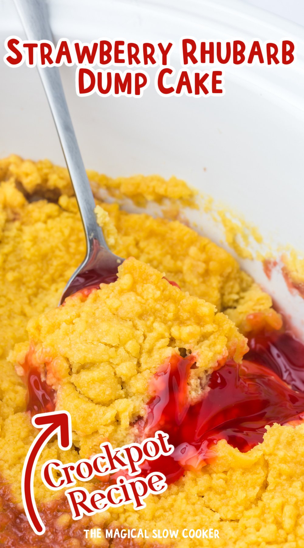 Long image of a crockpot dump cake with text overlay.