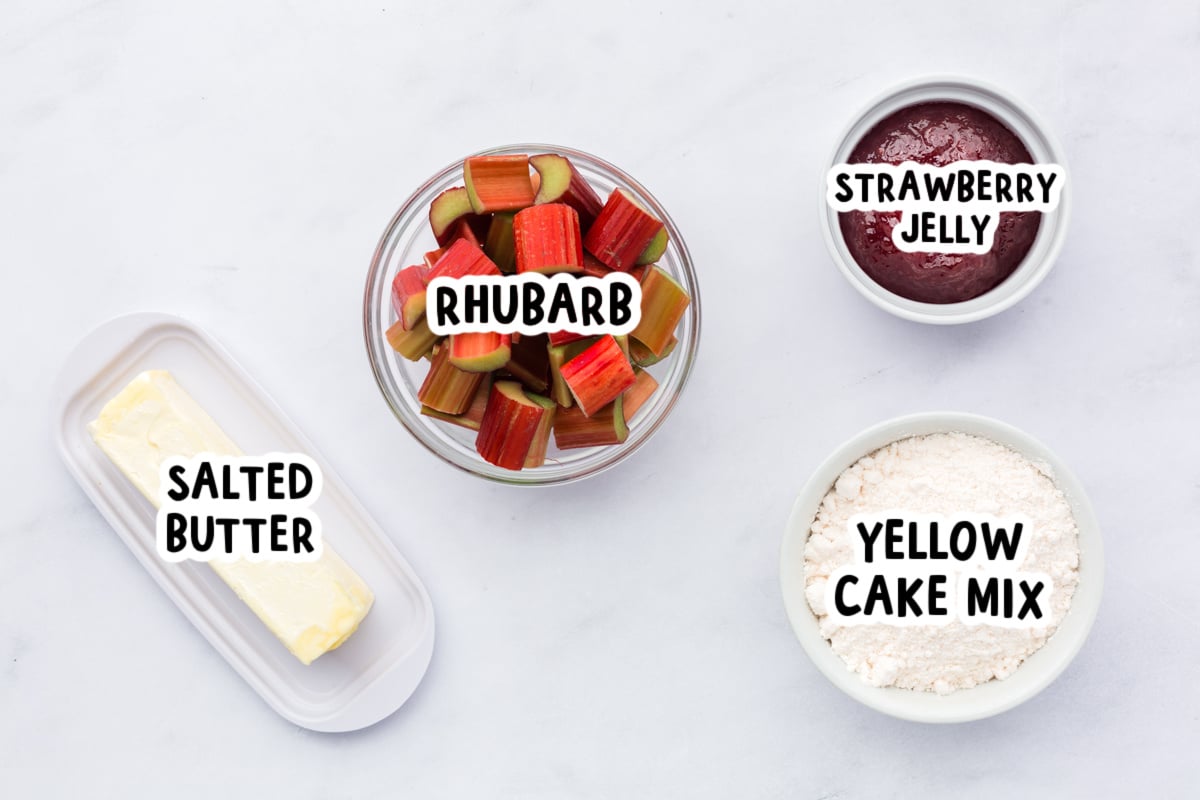 Ingredients for Strawberry Rhubarb Dump Cake on a table.