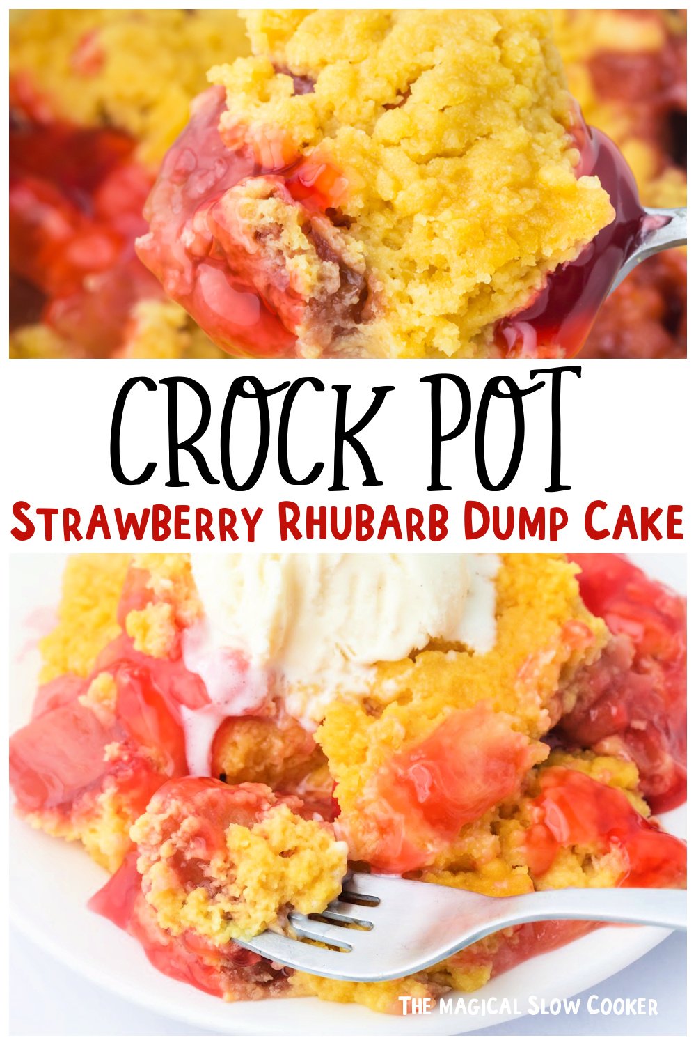 Two images of Strawberry Rhubarb Dump Cake for pinterest.