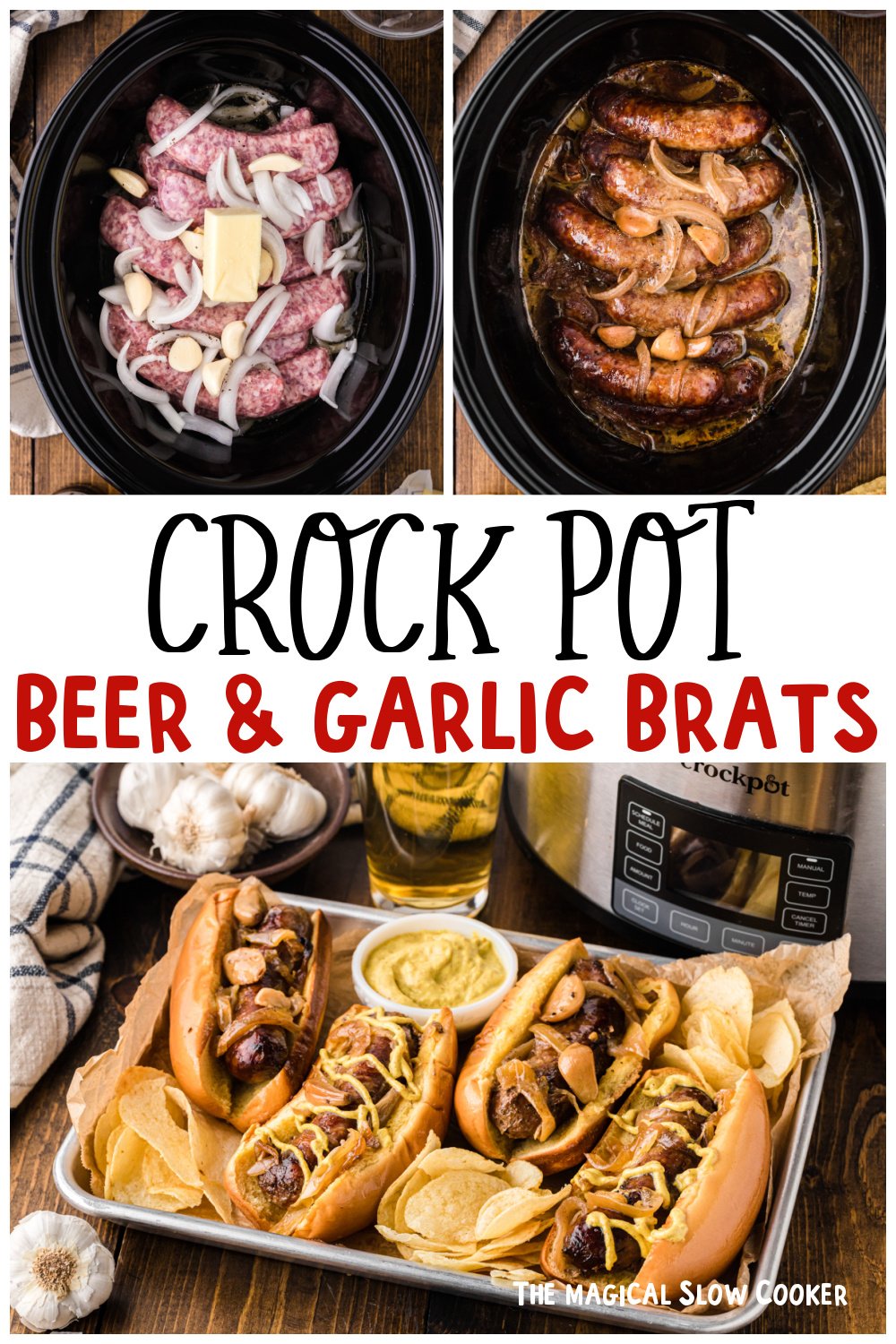 Three images of beer and garlic brats for pinterest.