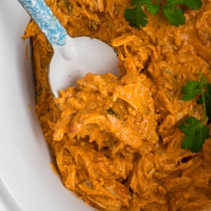 A spoon grabbing shredded chicken in a creamy sauce from a crockpot.