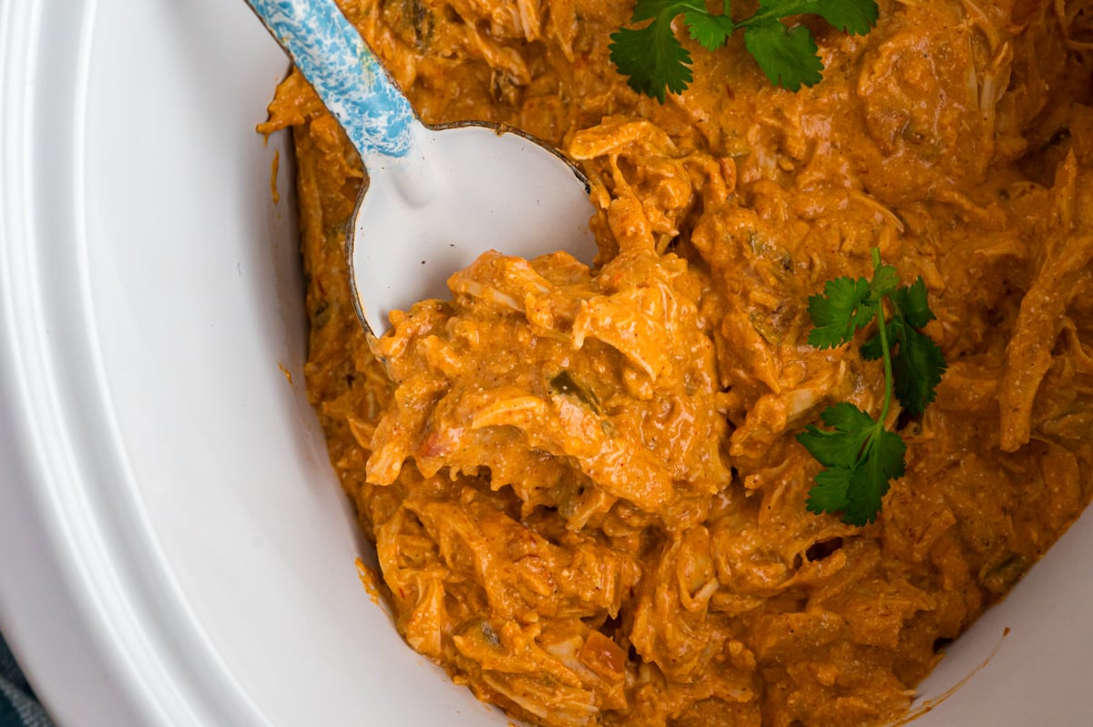 A spoon grabbing shredded chicken in a creamy sauce from a crockpot.