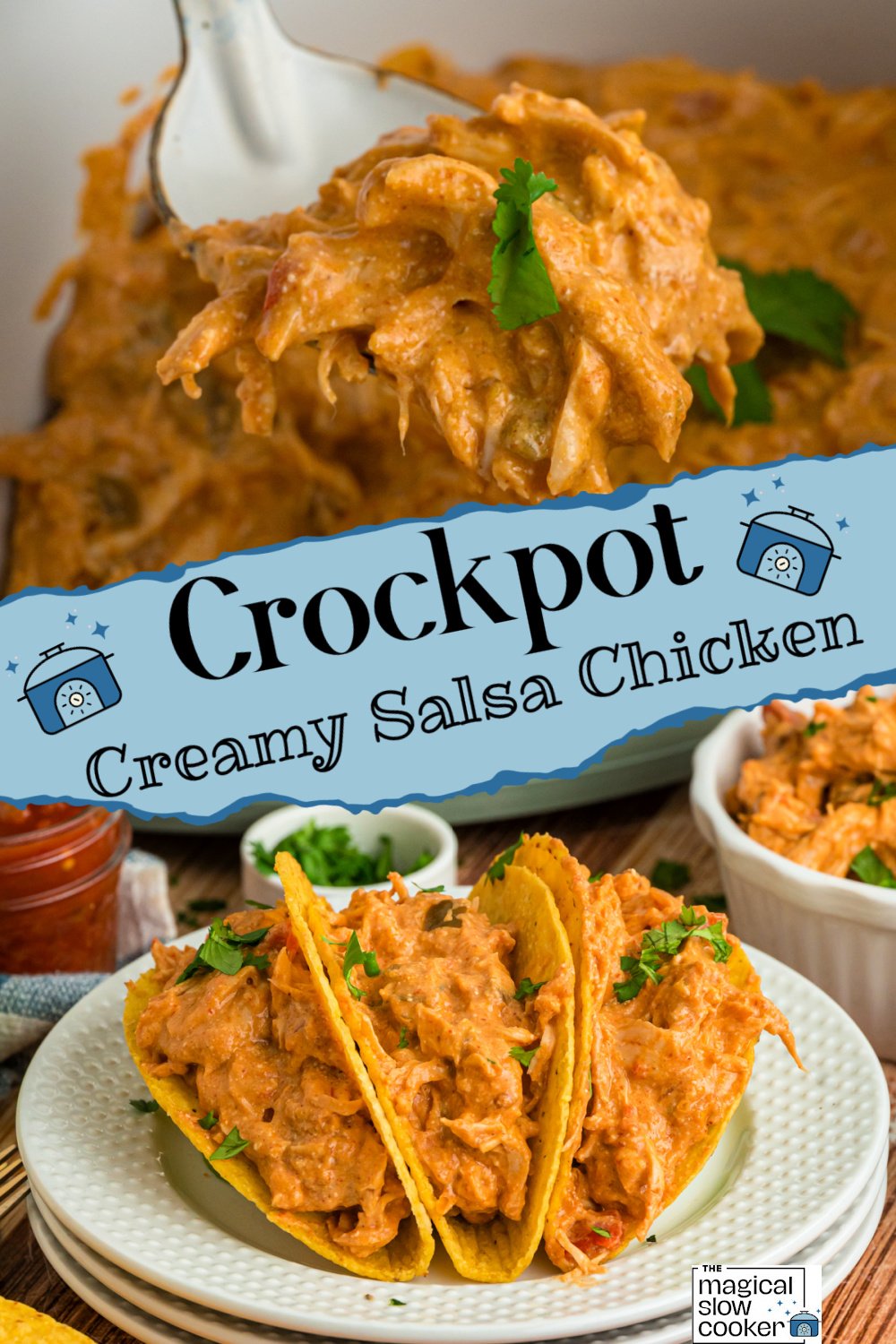 Two images of crockpot creamy salsa chicken with title text overlay.