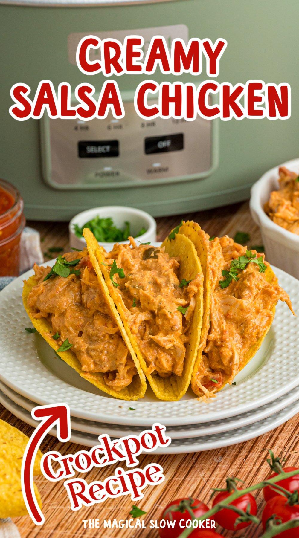 Long image of creamy salsa chicken with text overlay.