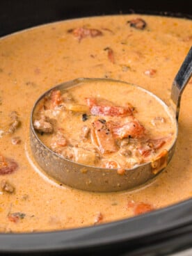 A ladle of soup being taken from a crockpot.