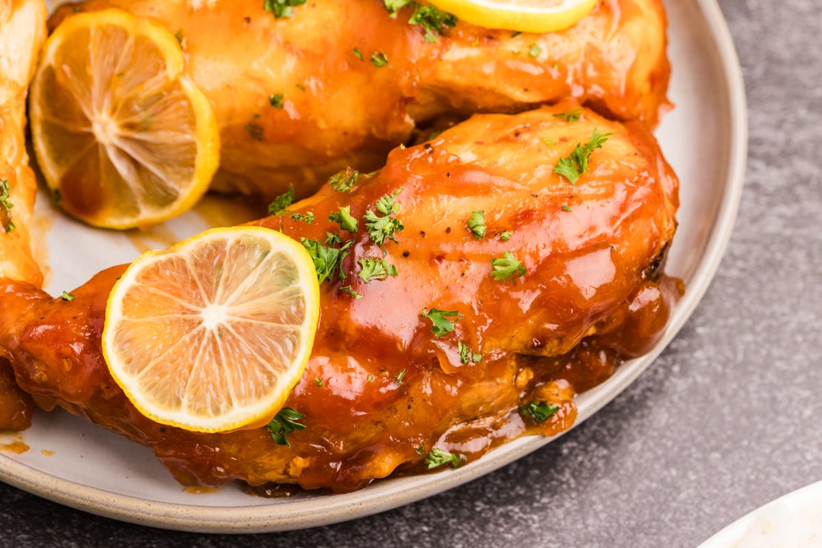 Closeup of chicken with lemonade sauce.