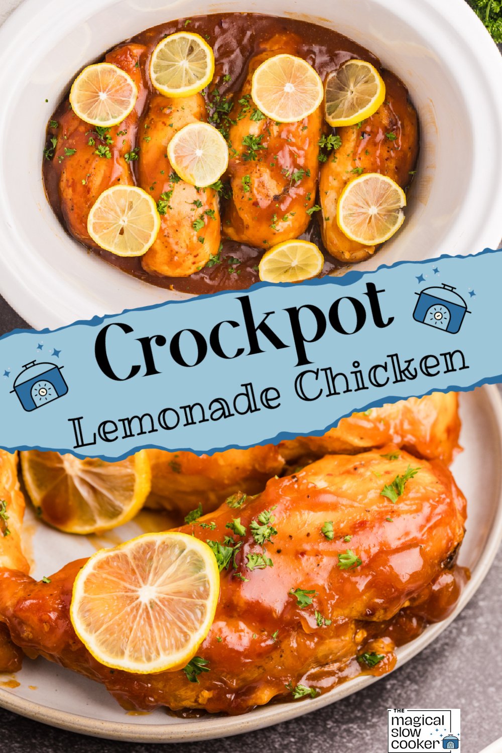 Two images of lemonade chicken with title text overlay.