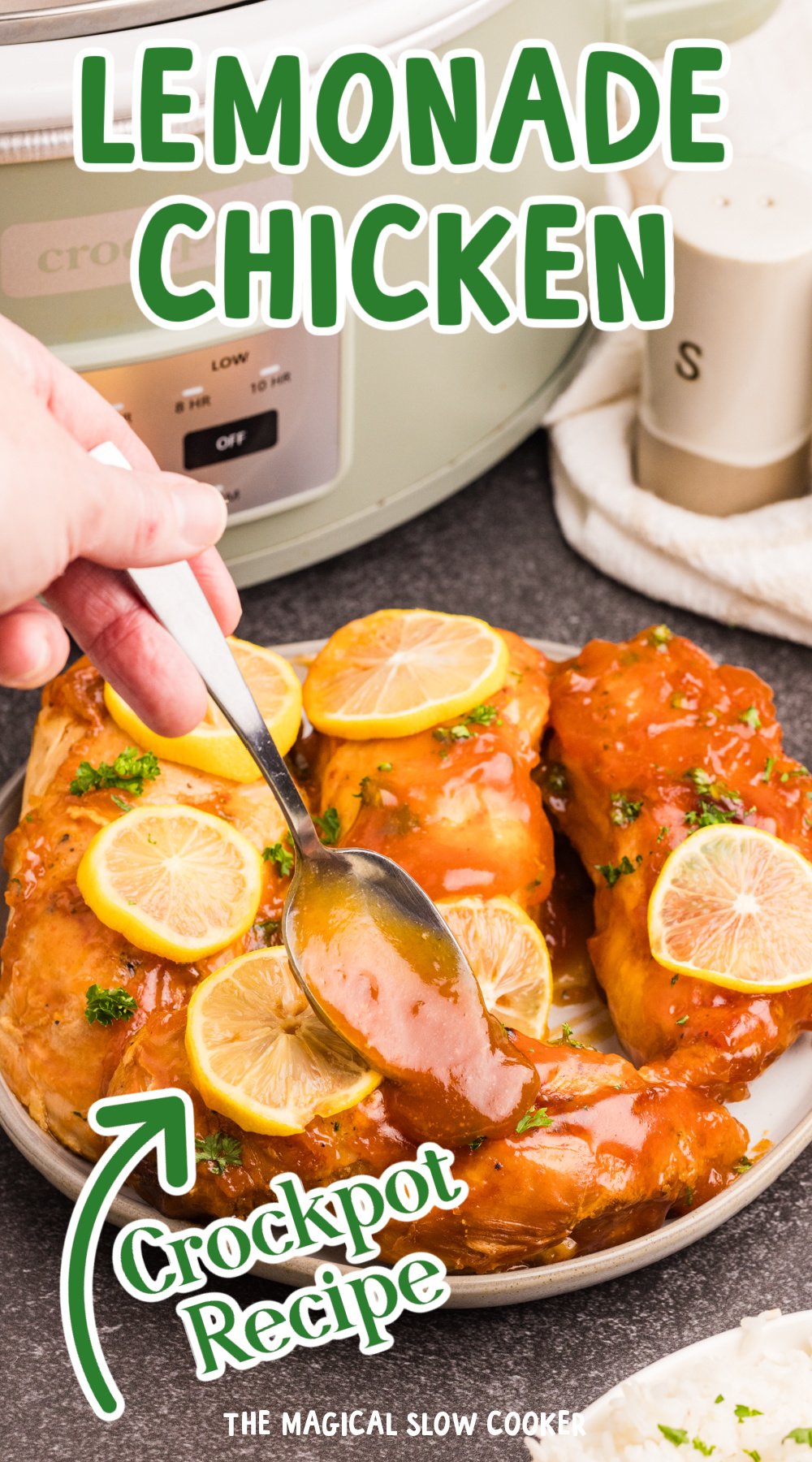 Long image of lemonade chicken with text overlay.
