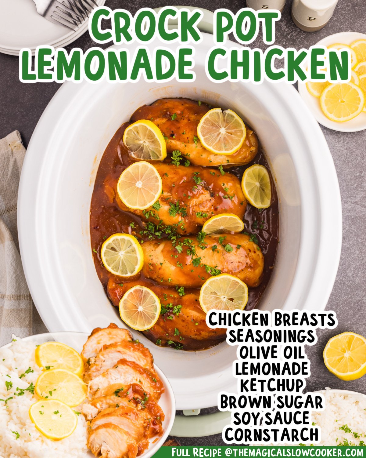 Two images of lemonade chicken with text list of ingredients.