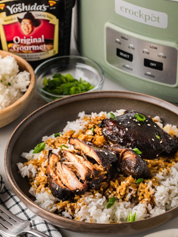 Yoshida's chicken on a bed of rice on a plate in front of a crockpot.