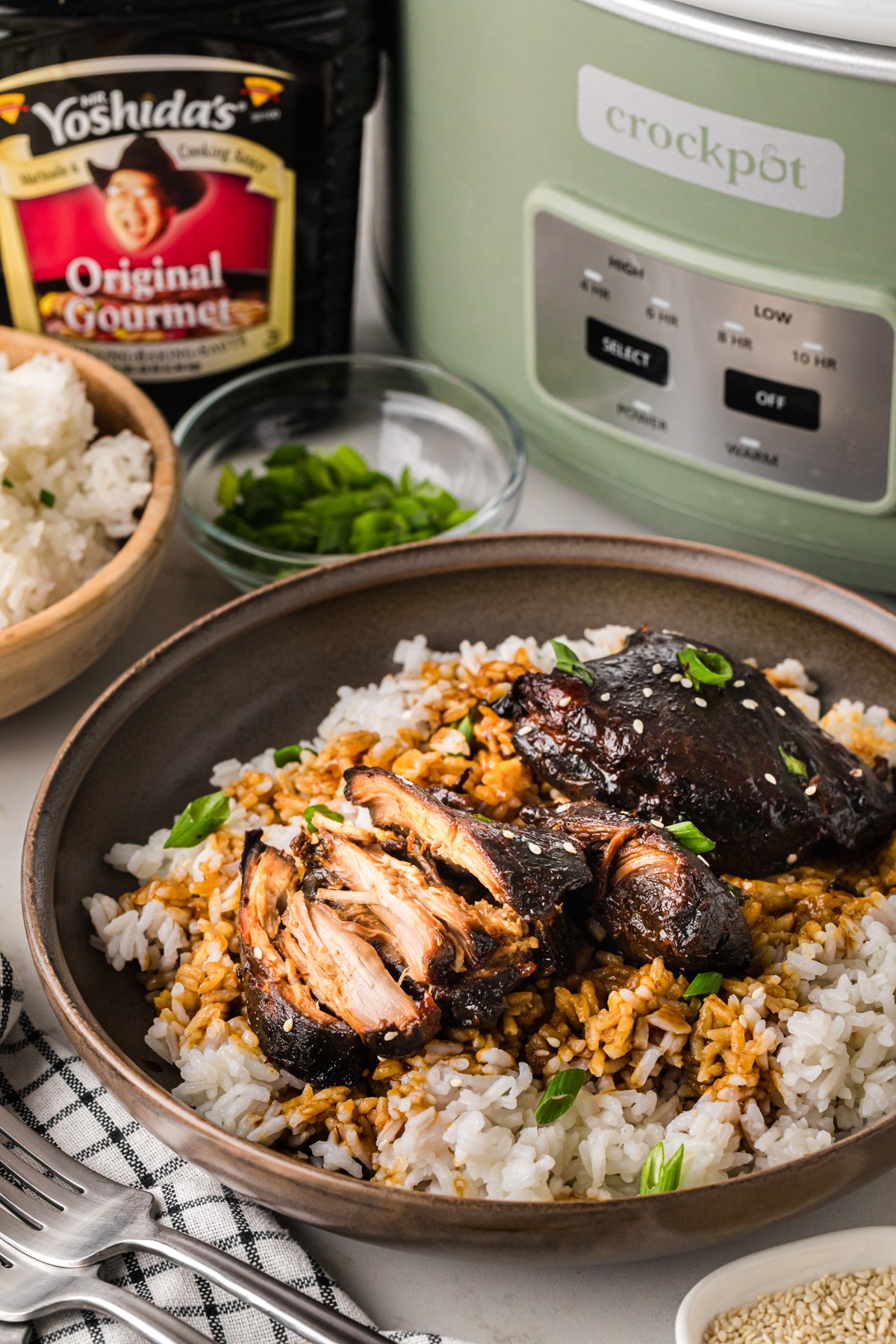 Yoshida's chicken on a bed of rice on a plate in front of a crockpot.
