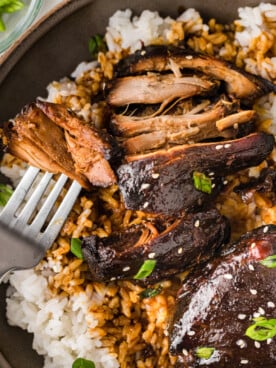 Shredded yoshida's chicken and rice on a plate with a fork taking a bite.