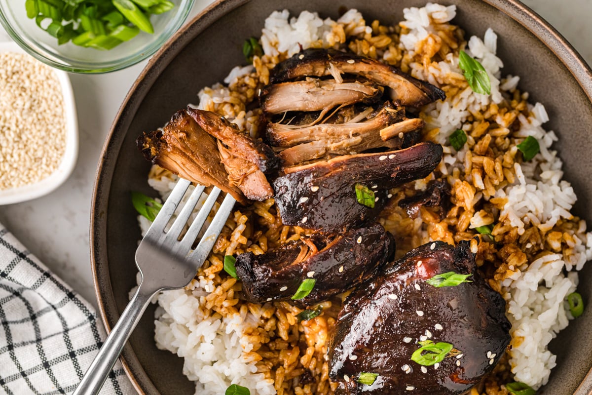 Shredded yoshida's chicken and rice on a plate with a fork taking a bite.
