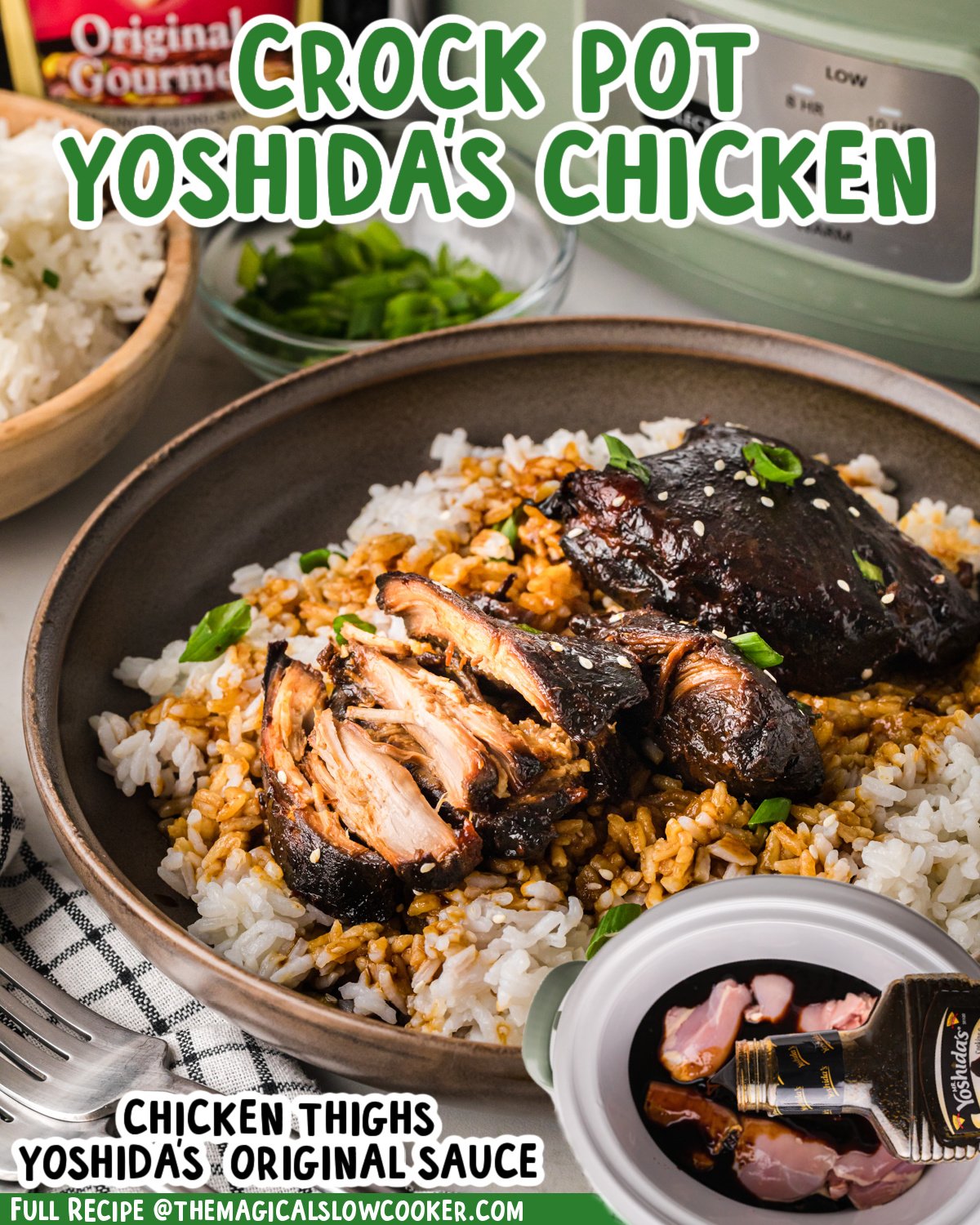 Two images of crockpot yoshida's chicken with text list of ingredients.