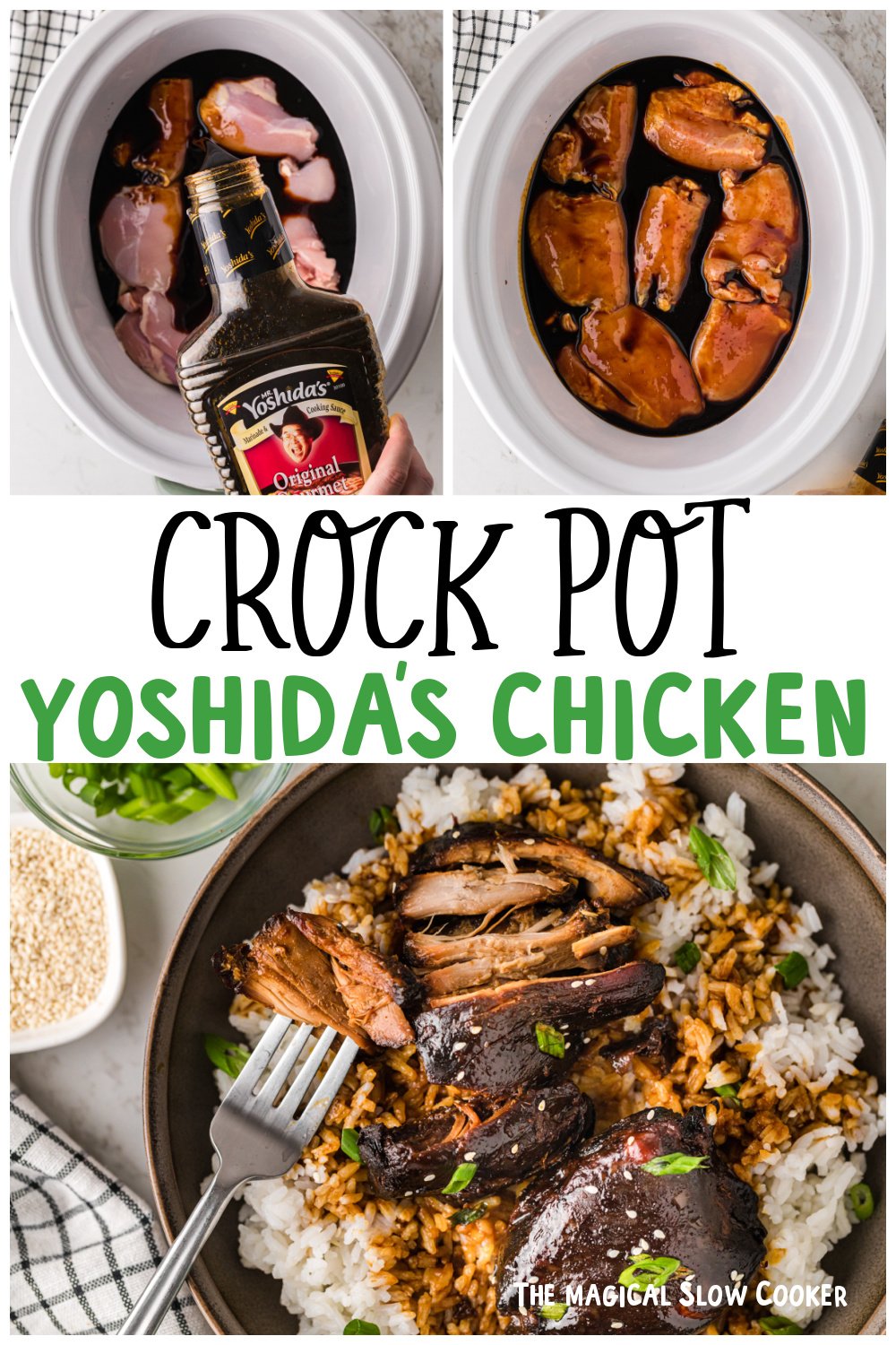 Three images of yoshida's chicken for pinterest.