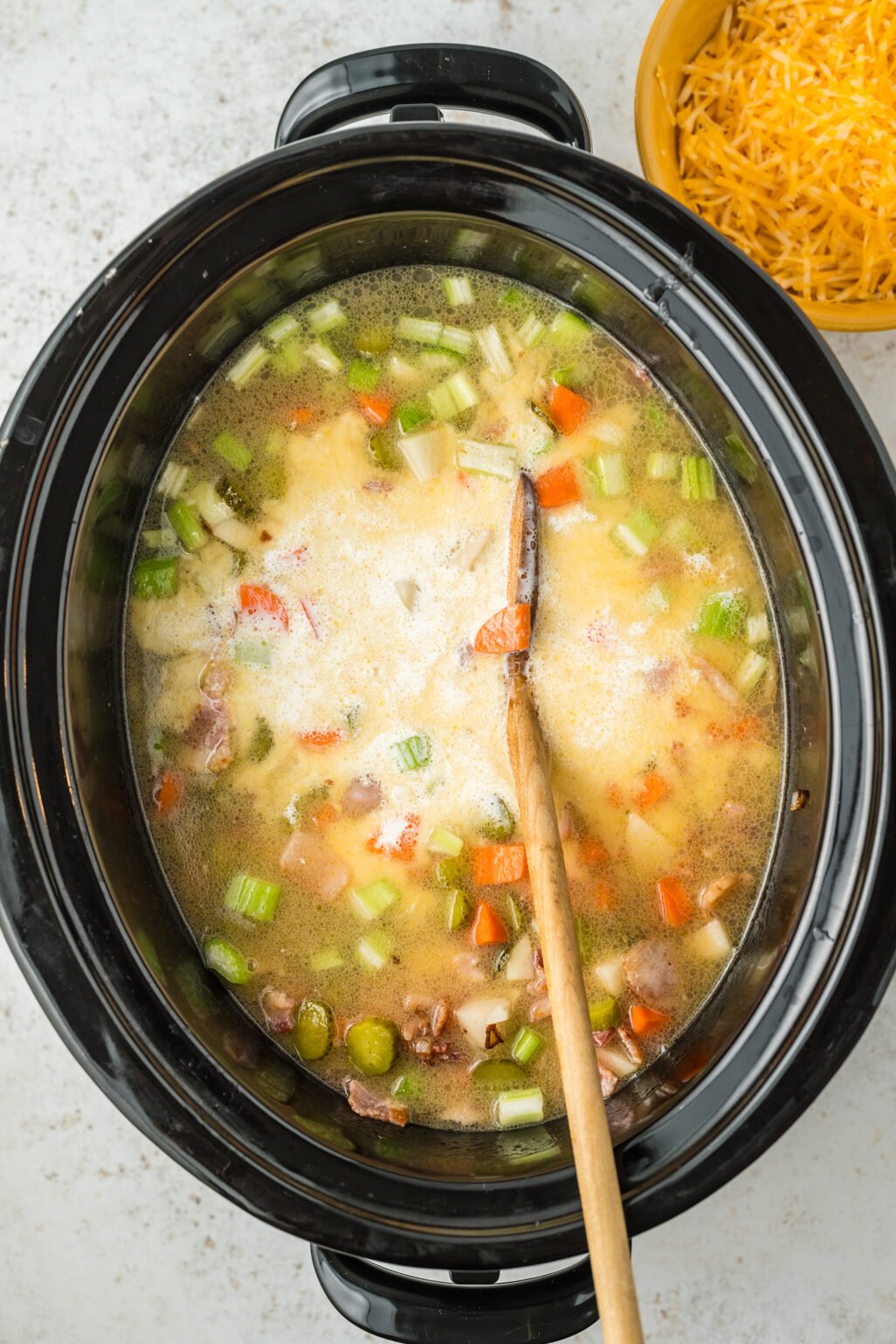 cream added to slow cooker dill pickle soup.